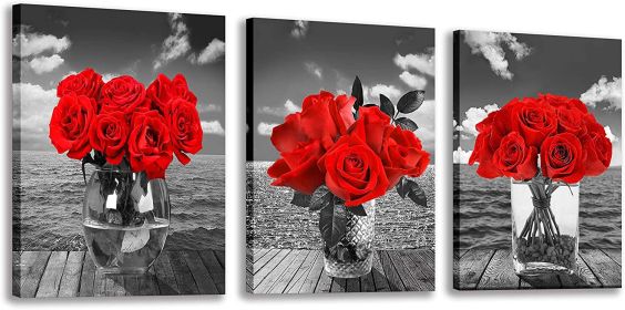 Wall Decor 3 Pcs Canvas Wall Art Red Rose Painting, Black & White Floral Painting Framed Wall Art for Modern Home Decoration (12inchesx16 inchesx3pcs)