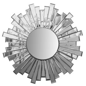 DunaWest 28 Inch Round Floating Wall Mirror with Sunburst Design Frame; Silver