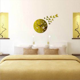 Creative Butterfly Personality Mirror Wall Clock Acrylic Mirror Wall Sticker Stereo Wall Chart (Color: Gold)