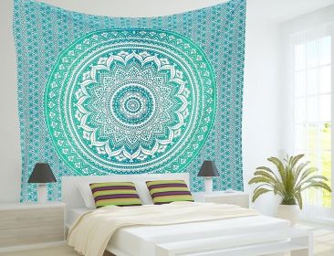 Indian Mandala Tapestry Green Blue Flower Beautiful Wall Art Tapestry 210x150cm Bedspread Beach Towel Yoga Blanket Table Cloth (Style: 1, size: 150x230cm thick)