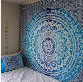 Indian Mandala Tapestry Green Blue Flower Beautiful Wall Art Tapestry 210x150cm Bedspread Beach Towel Yoga Blanket Table Cloth (Style: 2, size: 150x230cm thick)