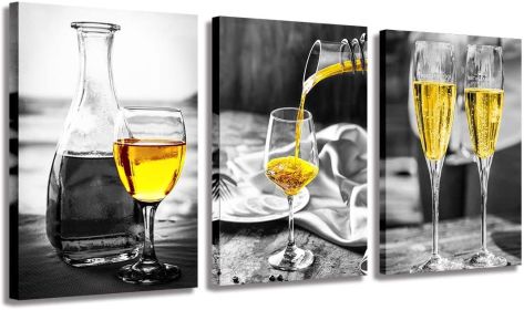 Kitchen Wall Art Gold Wine Glasses Canvas Prints Black and White Wall Art Wine Cups Modern Artwork for Dining Room Pubs Bar Home Decor (size: 12inchx16inchx3pieces)