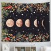 Moonlit Garden Tapestry, Moon Phase Tapestries Flower Vine Tapestry Black Background Tapestry